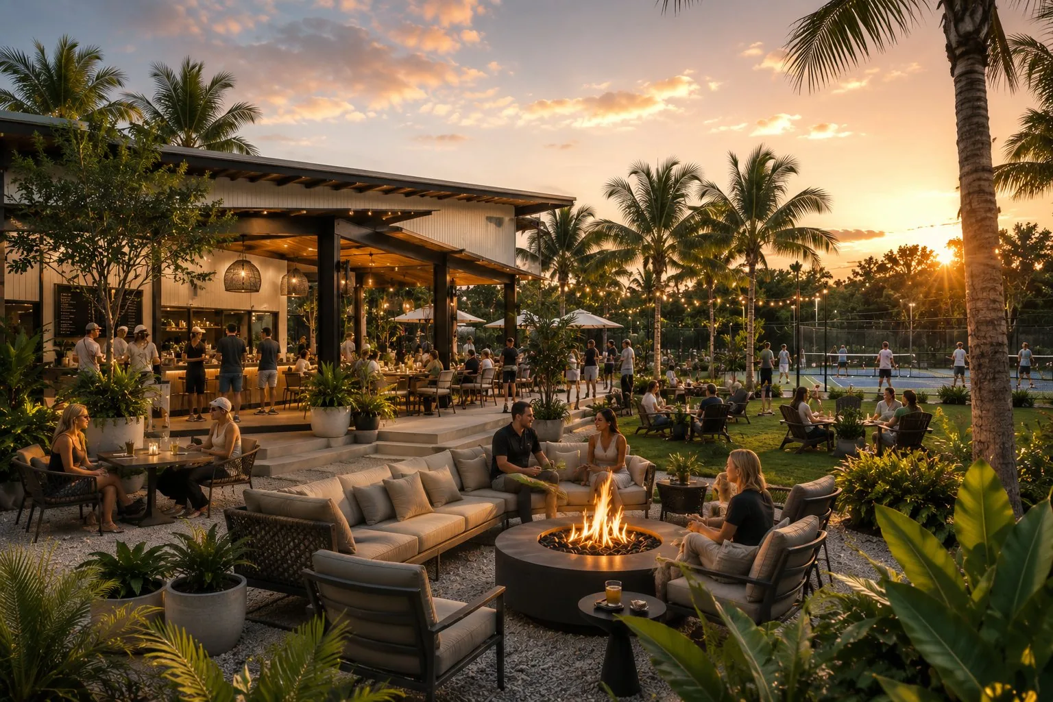 Outdoor seating and palms at Alto Social Club, Lakewood Ranch